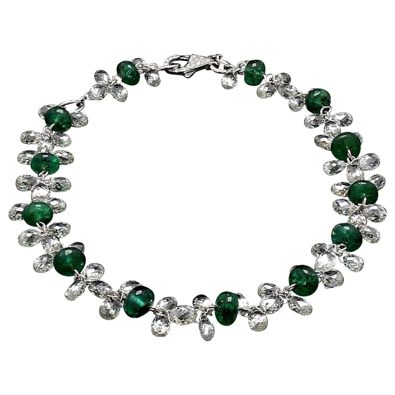 Diamond Briolette & Emerald 18K White Gold Dangling Bracelet