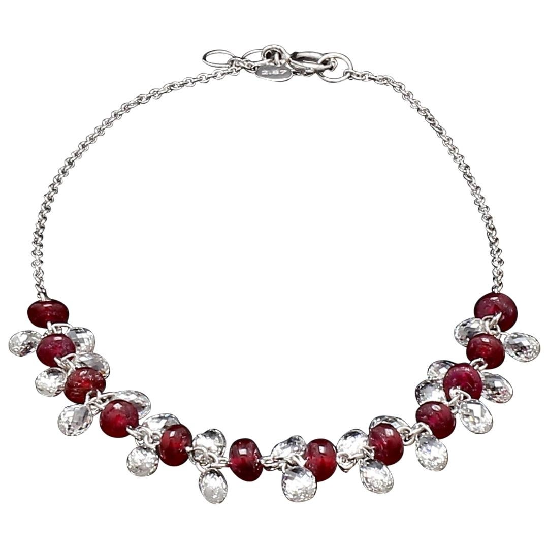 Diamond Briolette and Ruby 18k White Gold Dangling Bracelet