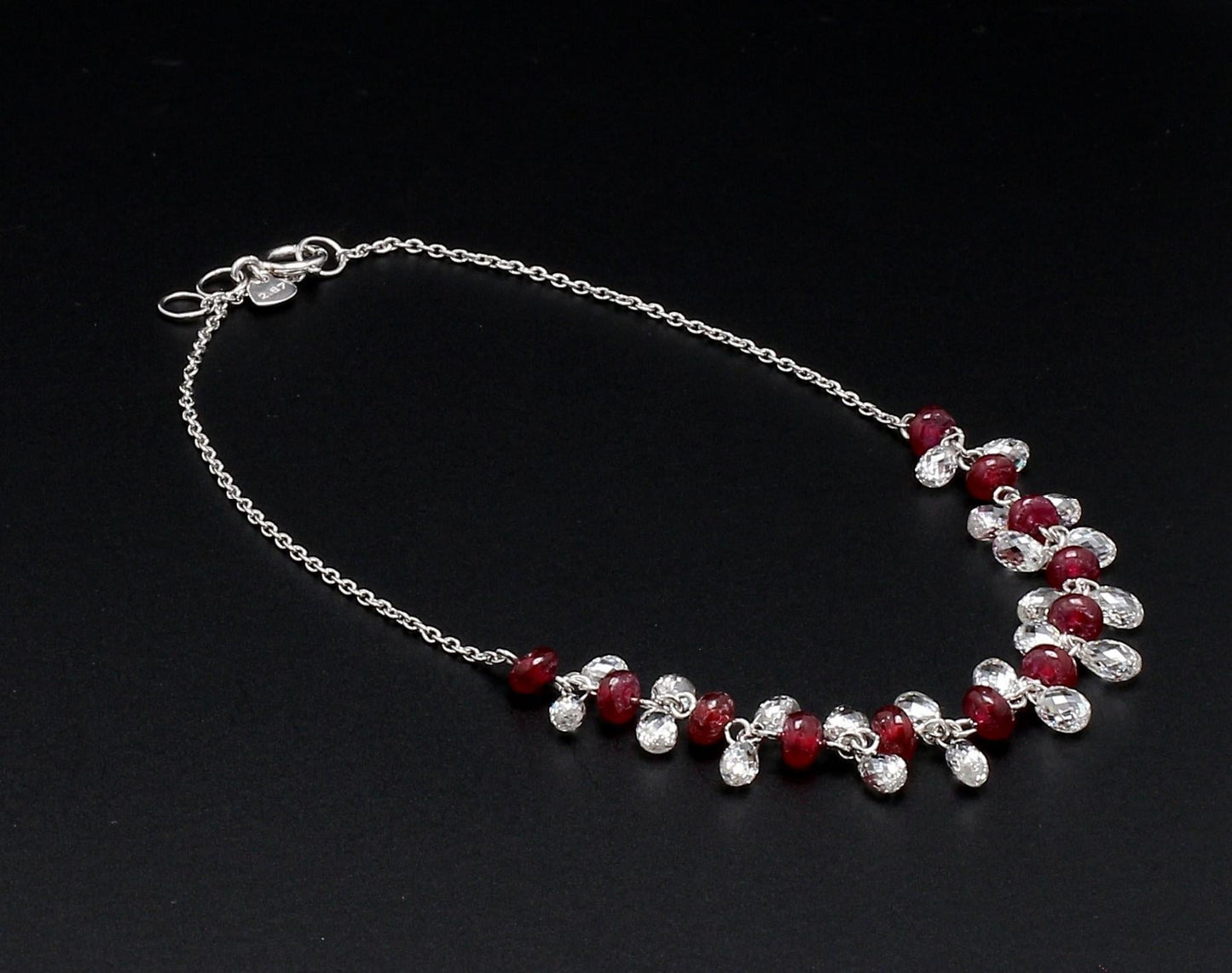 Diamond Briolette and Ruby 18k White Gold Dangling Bracelet