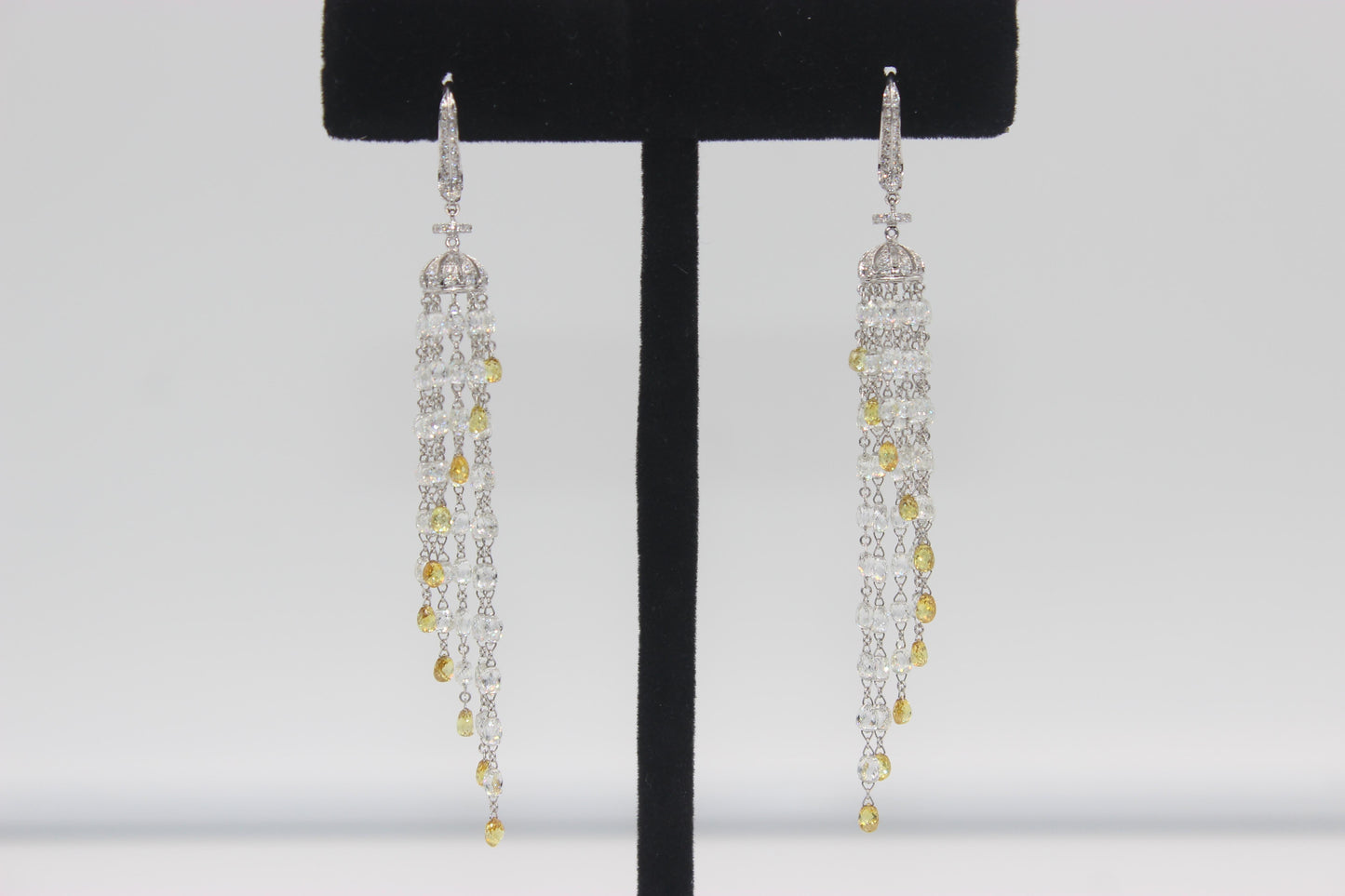 23.18 Carats Diamond Briolette Tassel Earrings, White Gold