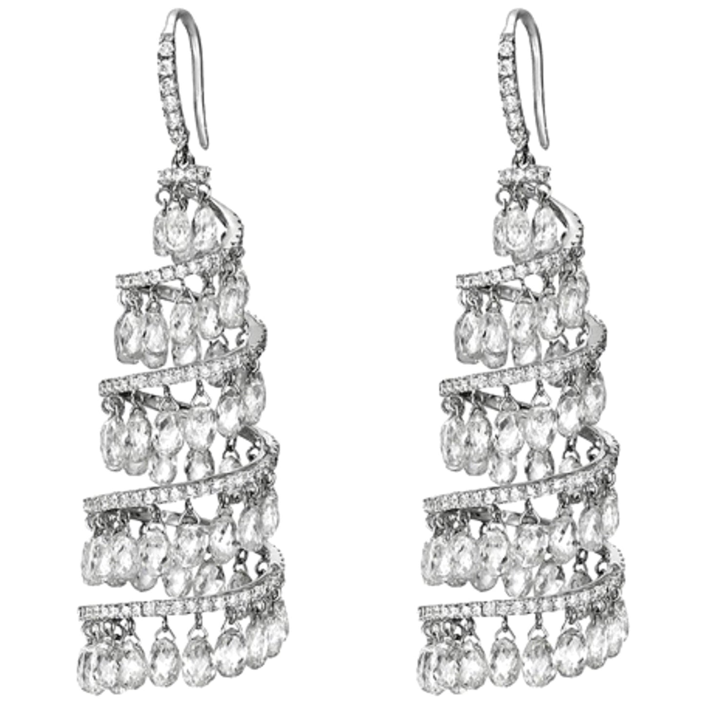 16.17 Carats Diamond Briolette Spiral Chandelier Earrings, White Gold