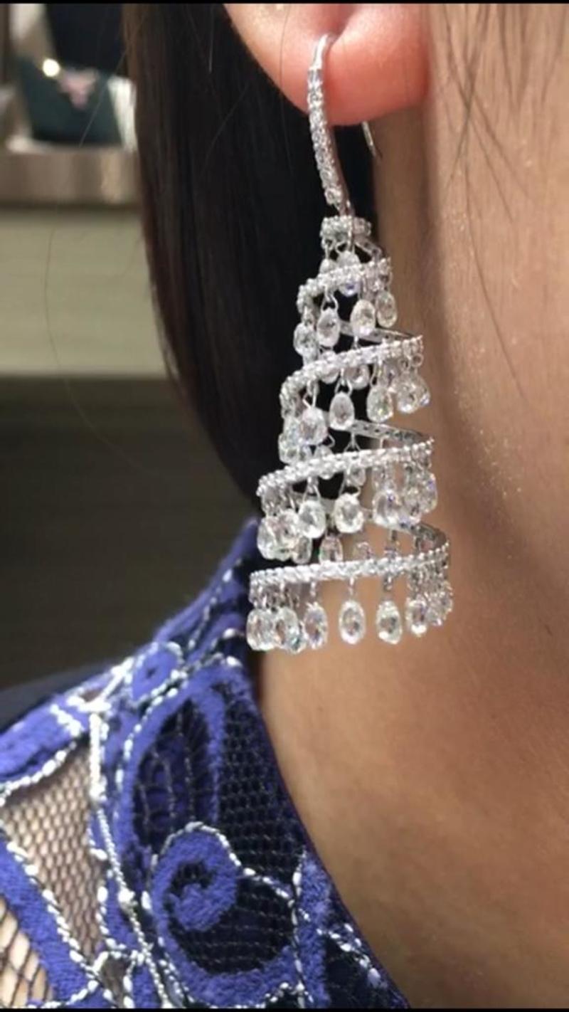 16.17 Carats Diamond Briolette Spiral Chandelier Earrings, White Gold