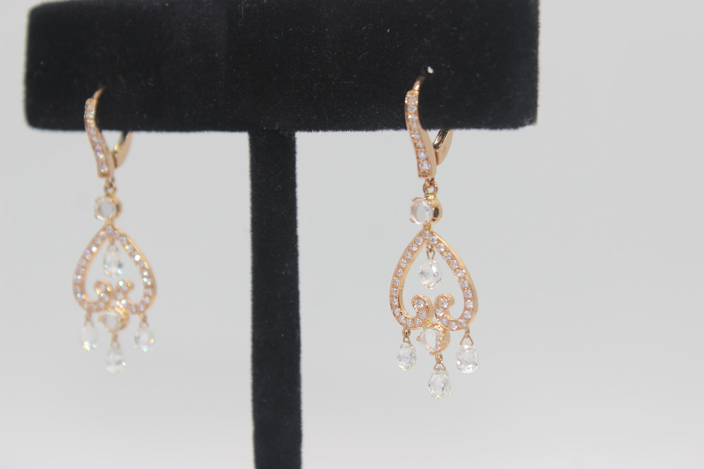 3.80 Carat Diamond Briolette & Roundell Earrings, Rose Gold