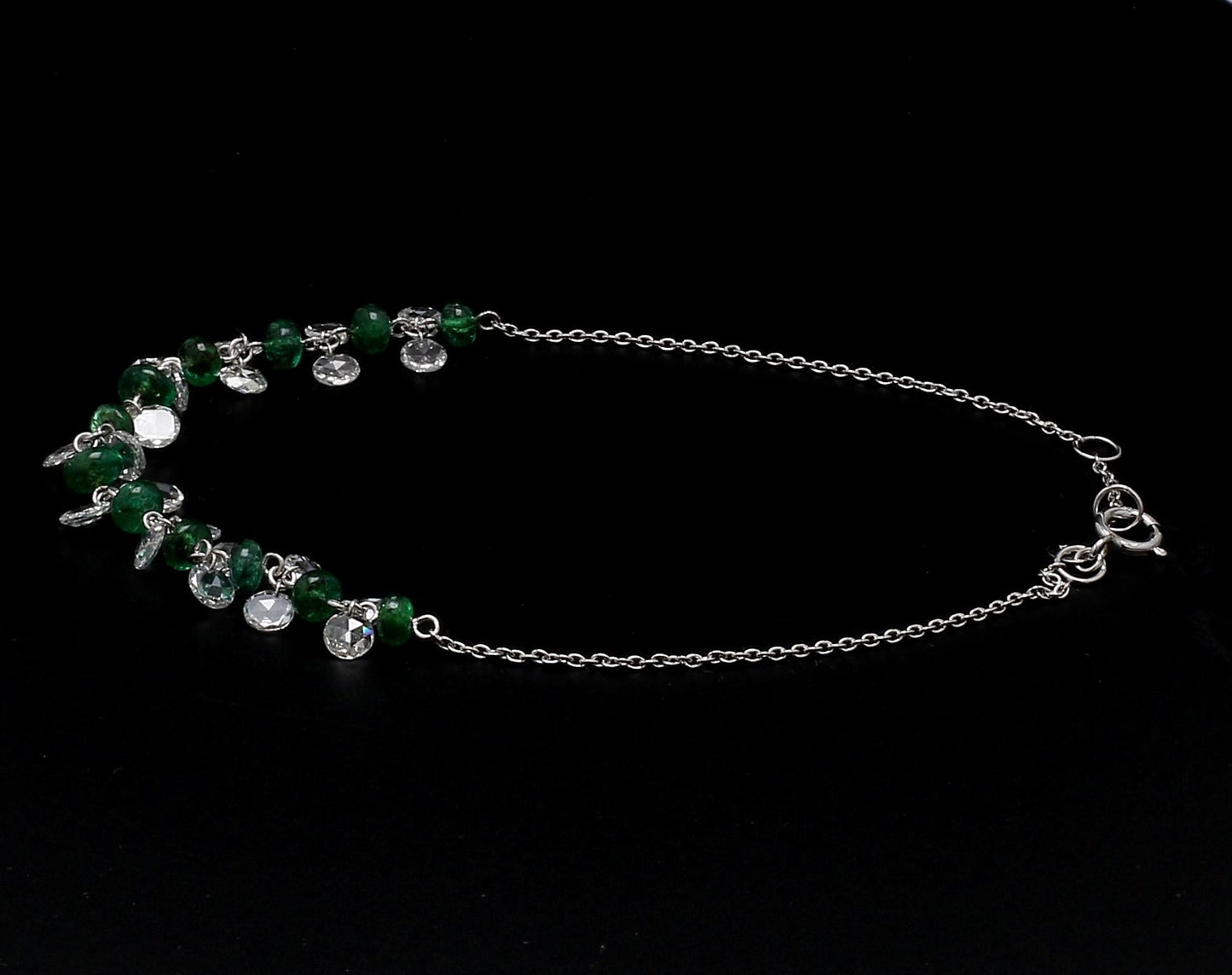 Diamond Rosecut and Emerald 18 Karat White Gold Dangling Bracelet