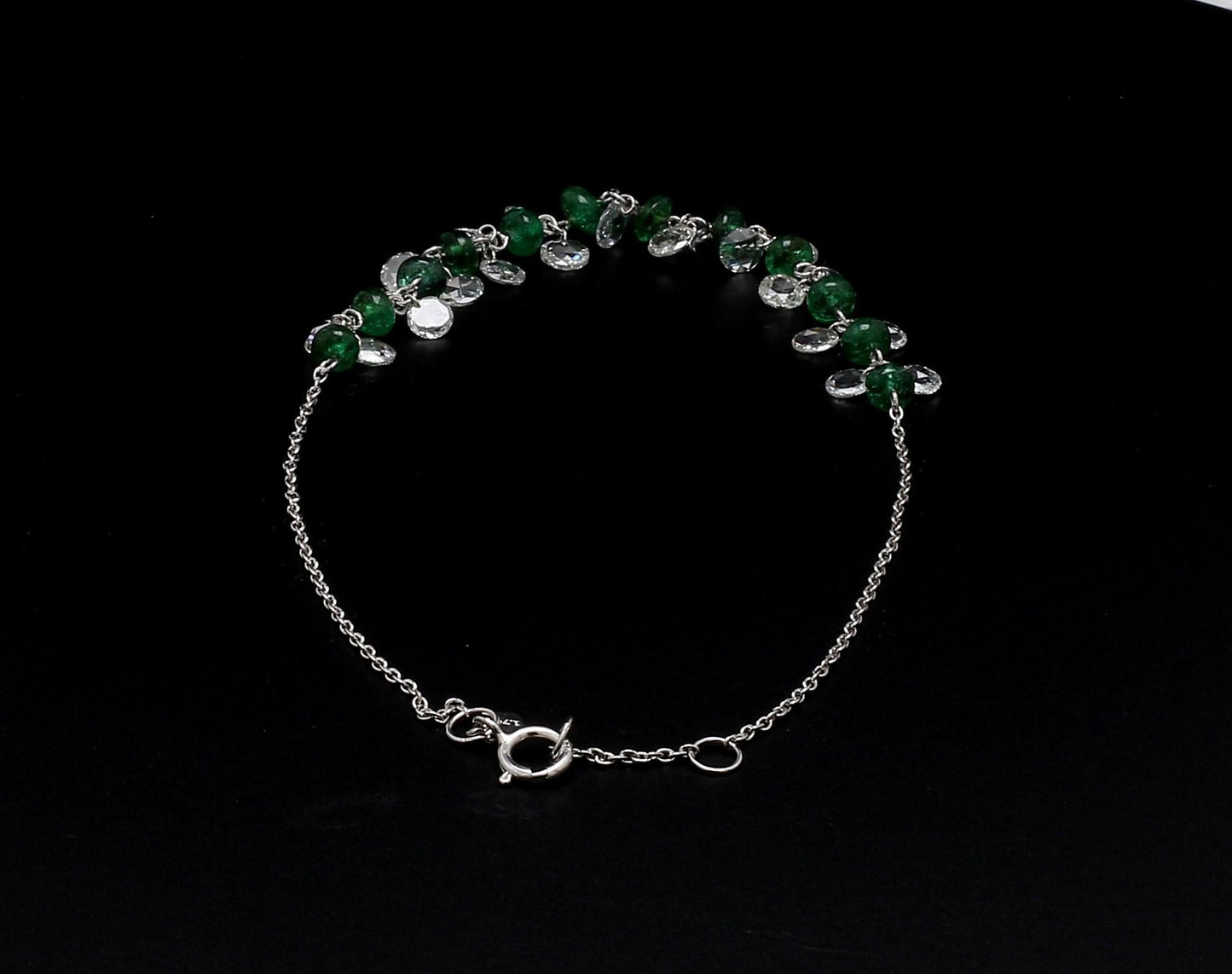 Diamond Rosecut and Emerald 18 Karat White Gold Dangling Bracelet