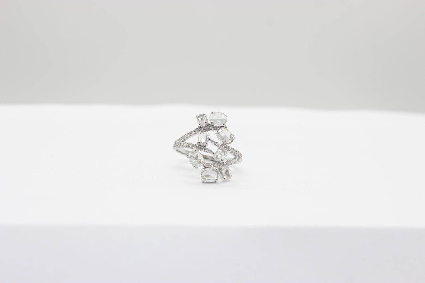 1.39 Carat Oval Diamond Rosecut Floral Ring, White Gold