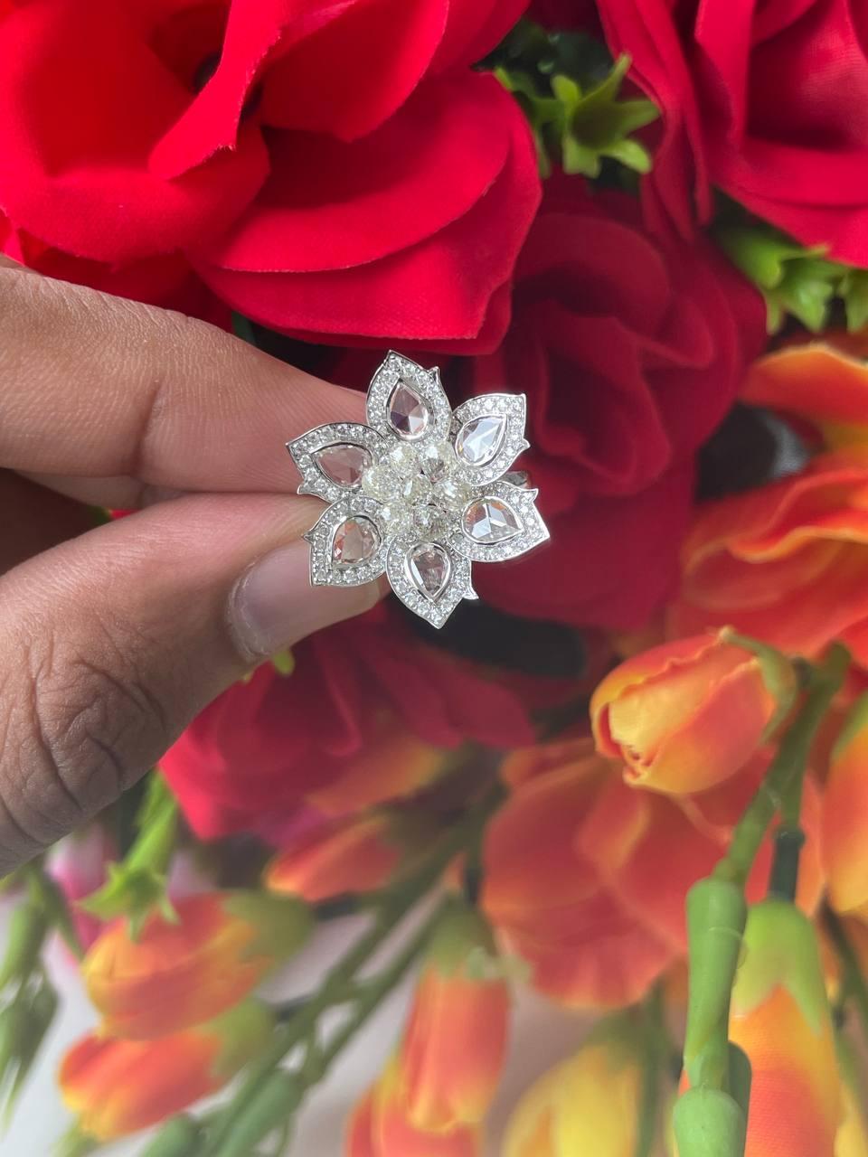 Diamond Briolette & Rosecut Floral Ring