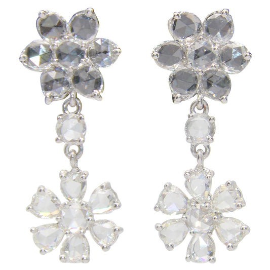 2.87 Carat Diamond Rosecut Floral Earrings, White Gold